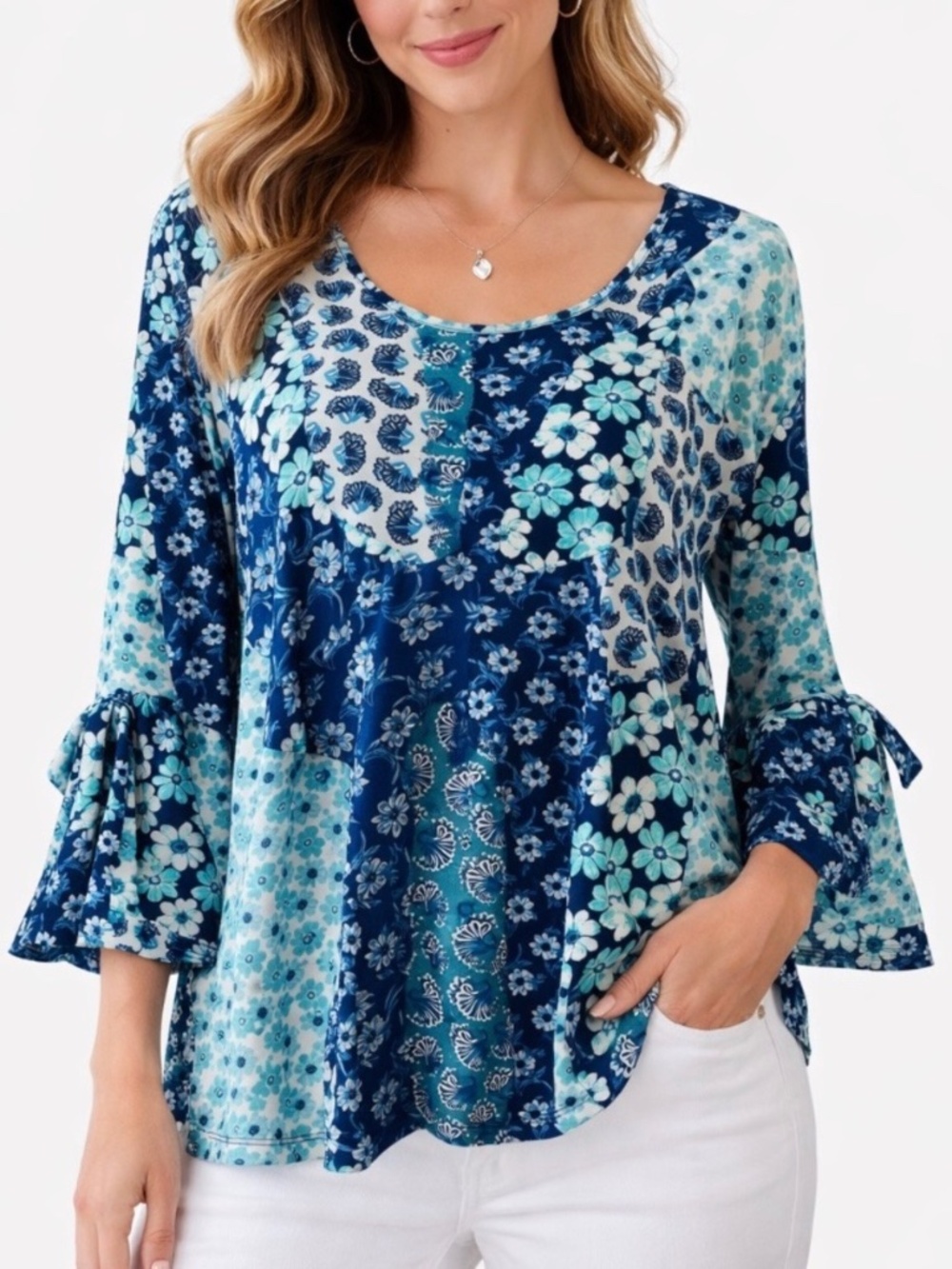Southern Lady Floral Patchwork Bell Sleeve Top XL Blue Boho Blouse